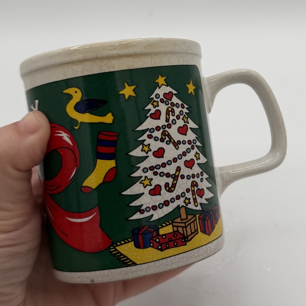Vintage Holiday Joy Christmas Tree Mug Candle Stocking Bird Ceramic Japan